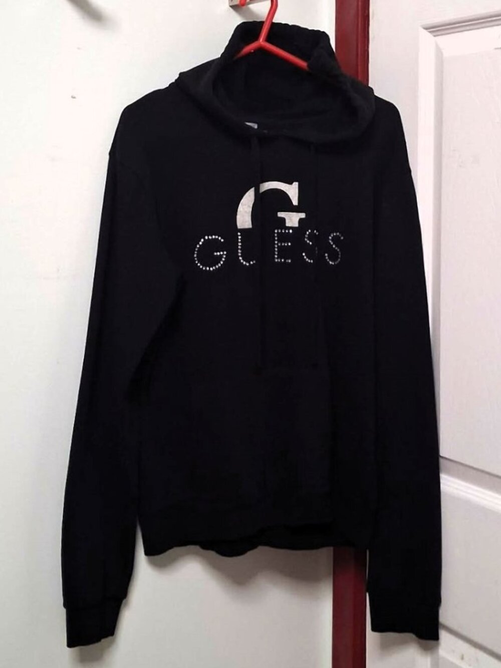 GUESS Black Fleece Hoodie Silver Foil Big G Rhinestone Logo Glam Sweatshirt